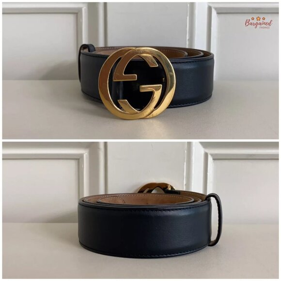 Authentic Gucci Black Calfskin Leather Gold Interlocking G Buckle Belt 80/32 - Picture 3 of 13